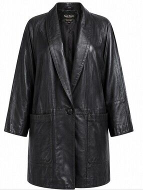 SUE BRETT | Vintage Black Genuine Leather B8 Boxy Oversized Long Car Coat | 2X